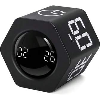 SULVGO Ticktime Pomodoro Productivity Timer Cube, Hexagon Flip Clock, Pause & Resume, Mute & Adjustable Sound Alert, For Work, Office, ADHD, Study, Task, 1/5/10/30/60/Min & Custom Countdown-Black