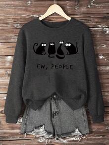 大码舒适女式圆领卫衣，印有可爱猫咪图案 - “EW, PEOPLE” 设计，秋冬季长袖卫衣，女式 V 领短袖猫咪上衣，Not Today；女式卫衣，Not Today。 - 深灰色 - 查看 3
