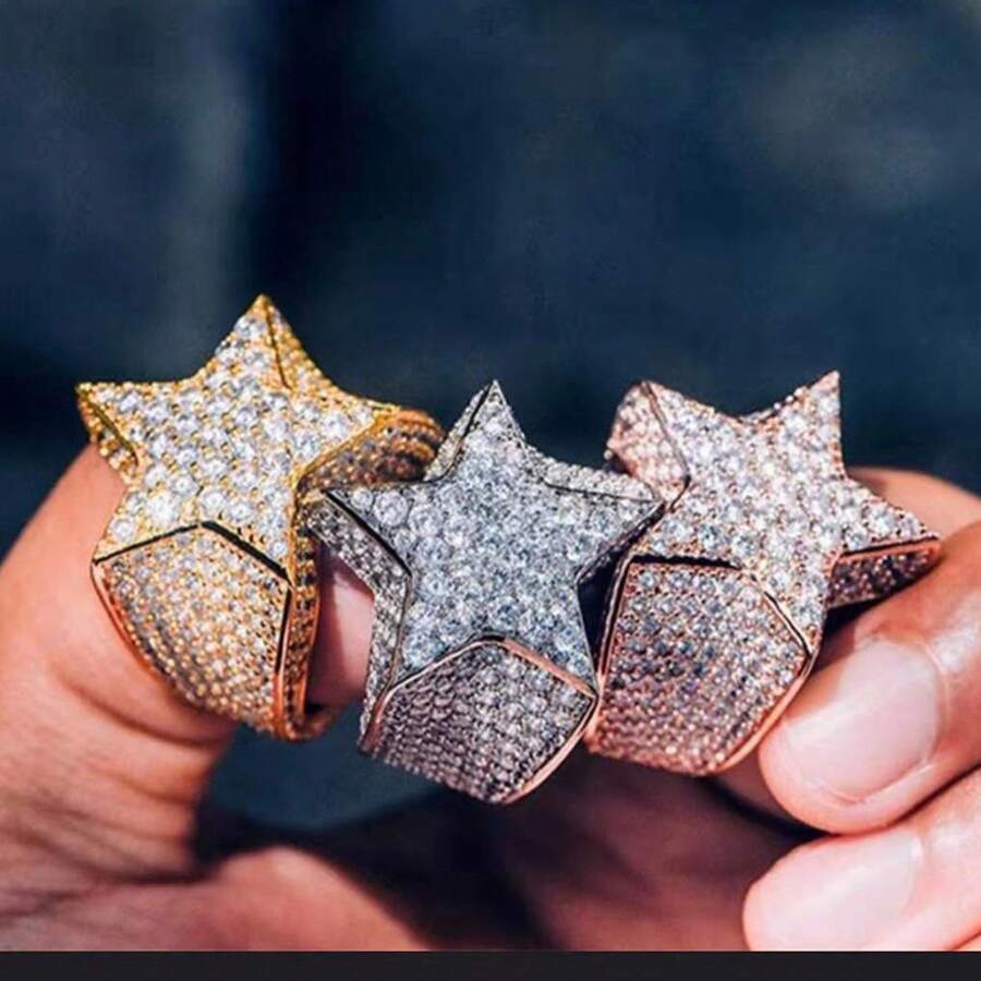 New Hip-Hop Full Diamond Micro-Inlaid Zirconia Five-Pointed Star Ring European And American Men's Jewelry - 金色 - 查看 1