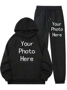2 Pieces Hoodie + Sweatpants Set, Customized Personalized Thanksgiving Gift, Christmas Gift - Add Your Own Text/Image (Badge Design/Company Logo/Family Photo/Selfie) - Black - View 1