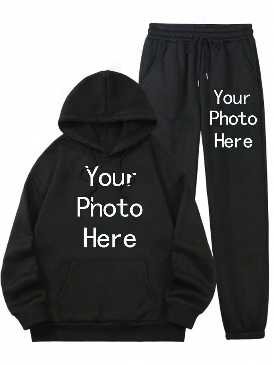 2 Pieces Hoodie + Sweatpants Set, Customized Personalized Thanksgiving Gift, Christmas Gift - Add Your Own Text/Image (Badge Design/Company Logo/Family Photo/Selfie) - Black - View 1