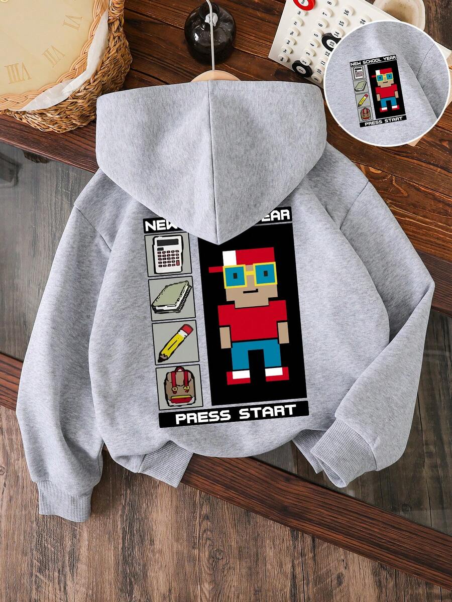 男童休闲时尚街头卡通字母印花落肩宽松保暖抓绒卫衣，秋冬款