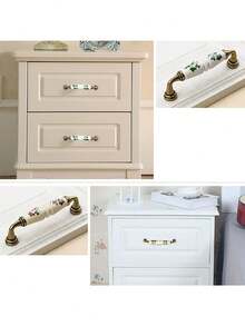 4/6pcs Rustic Ceramic Cabinet Handle With Green And Brown Floral Pattern-Antique Bronze Finish, Country Style Cabinet Door And Drawer Furniture Knob