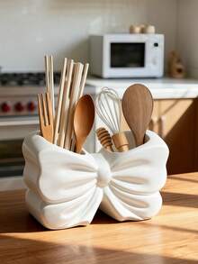 1pc Cute Ceramic Bow-Knot Shaped Utensil Holder, Fashionable Kitchen Utensil Organizer Rack, Can Hold Spoons, Chopsticks, Whisks And Cooking Tools, Modern Decorative Countertop Storage, An Ideal Choice For Home Kitchen Essentials - Multicolor - View 3
