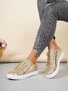 女士休闲运动鞋，四季舒适运动鞋。经典系带滑板鞋，带侧边镂空拉链，圆头家居拖鞋 - 金色 - 查看 4