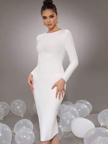 Sexy Women's Long Sleeve Large Zipper Back Bodycon Midi Dress For Vacation And Party - Putih - View 4