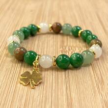 1 Piece Green Aventurine And Chrysocolla Bead Necklace Bracelet With Clover Pendant, Natural Stone Wealth Jewelry, Vintage Bohemian Style, St. Patrick's Day And Thanksgiving Gift, Unisex Elegant Accessory - 綠色 - 查看 10