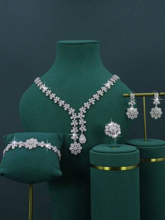 5pcs White Gold Plated Leaf & Flower Bridal Wedding Jewelry Set, Handcrafted With Cubic Zirconia, Including Necklace, Bracelet, Earrings, Ring, Suitable For Daily Wear And Wedding, Wedding Anniversary Gift (Comes In Golden Gift Box), Christmas Gift Included