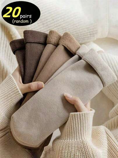 20 pares de calcetines de nieve de colores de la tierra para mujeres, calcetines de tubo medio verticales de otoño e invierno, calcetines esponjosos y calcetines de piso cálidos con engrosamiento de lana, adecuados para uso diario y diversas ocasiones, color aleatorio, calcetines acogedores