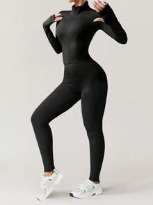 Yefecy 1Pc Women's Solid Color Fleece Lined Tracksuit, Long Sleeve & Pants Slim Fit Sports Outfit, Stretchy Warm Activewear For Daily Workout - Black - View 5