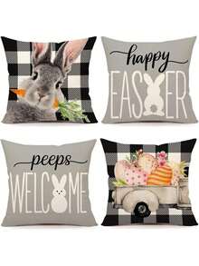 4pcs Easter Plaid Egg & Slogan Print Cushion Cover, Modern Simple Square Faux Linen Hidden Zipper Single-Sided Printed Pillow Case, Without Pillow Core, Suitable For Easter Living Room Bedroom Sofa Decoration, All Seasons - Multicolor - View 8