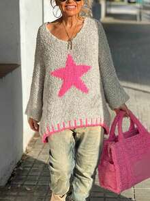 Star Contrast Color Knit Sweater With Trim, Casual Wear For Spring And Autumn - Light Grey - View 5
