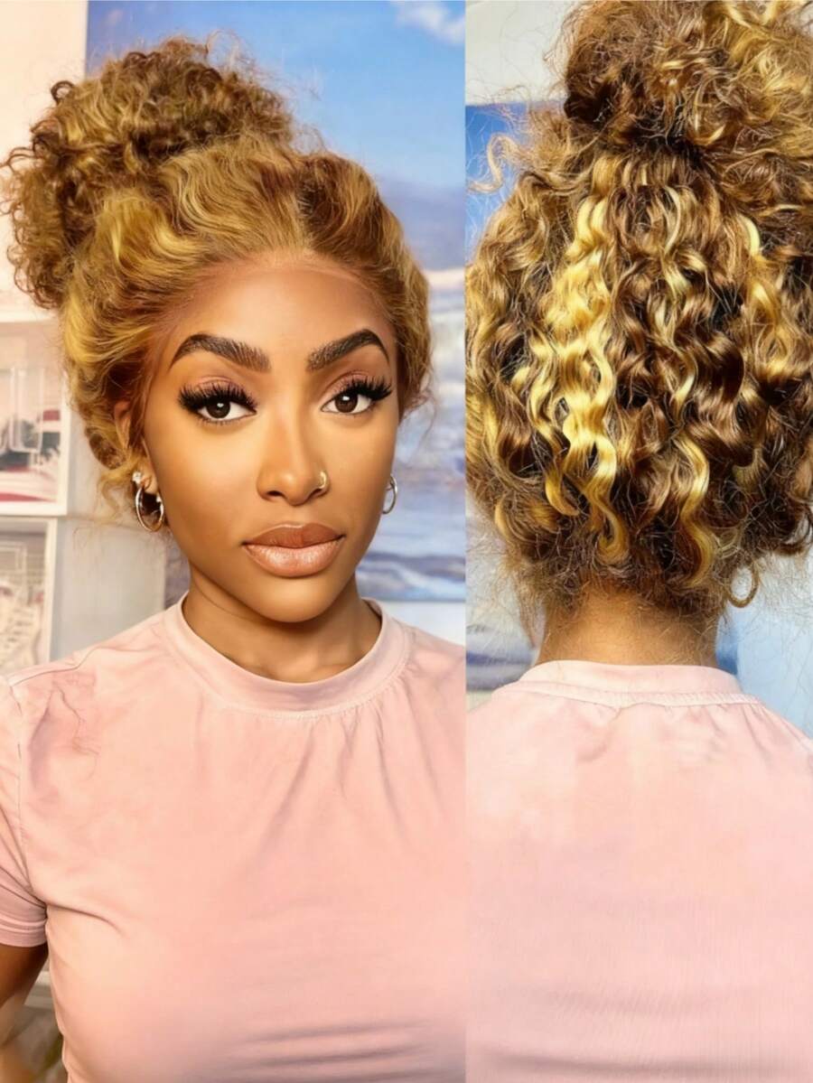 NARNI 30 32 Inch Invisible Strap Highlight 360 Human Hair Wigs 250% Density Honey Blonde 13x4 HD Deep Wave Lace Frontal Wig With Drawstring Pre Plucked Glueless Wig Wear And Go 4/27 Brown Colored Ombre Culry Wig For Women - S4/27 - Xem 1