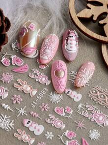 圣诞美甲贴纸指甲贴花 2 件 5D 自粘圣诞圣诞老人手套拐杖糖冬季雪花姜饼人圣诞设计滑块指甲贴纸女士美甲用品