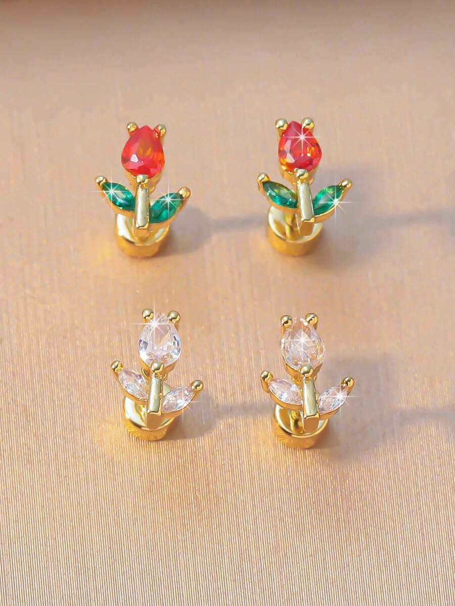 1 Pair Elegant Luxury Rhinestone Tulip Stud Earrings, Fashionable Everyday Earrings For Girls, Suitable For Festivals, Parties, Banquets And Daily Wear