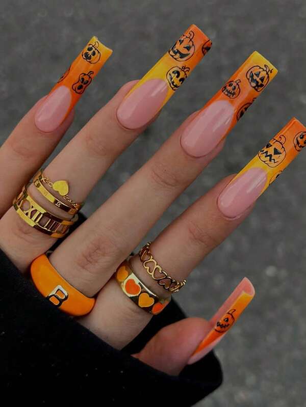 24pcs Long Coffin-Shaped, Press-On Fake Nail Set, Halloween Cartoon Pumpkin French, Acrylic Full Cover Overlay Manicure Kit, Perfect For DIY Art Supplies. Includes A Piece Of Jelly Glue And A Nail File, Suitable For Daily Wear, Parties, Dancing, And Gift-Giving.