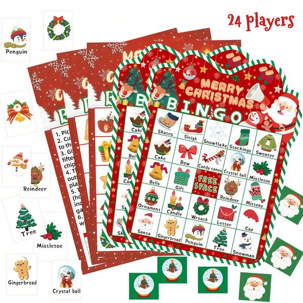 Set, Christmas Bingo Game Set For Family Includes 24 Player Cards, Caller Chips, And 1 Calling Card - 1 Player Introduction Card Christmas Decor Festive Paper Party Supplies For Holiday Gathering And Winter Parties