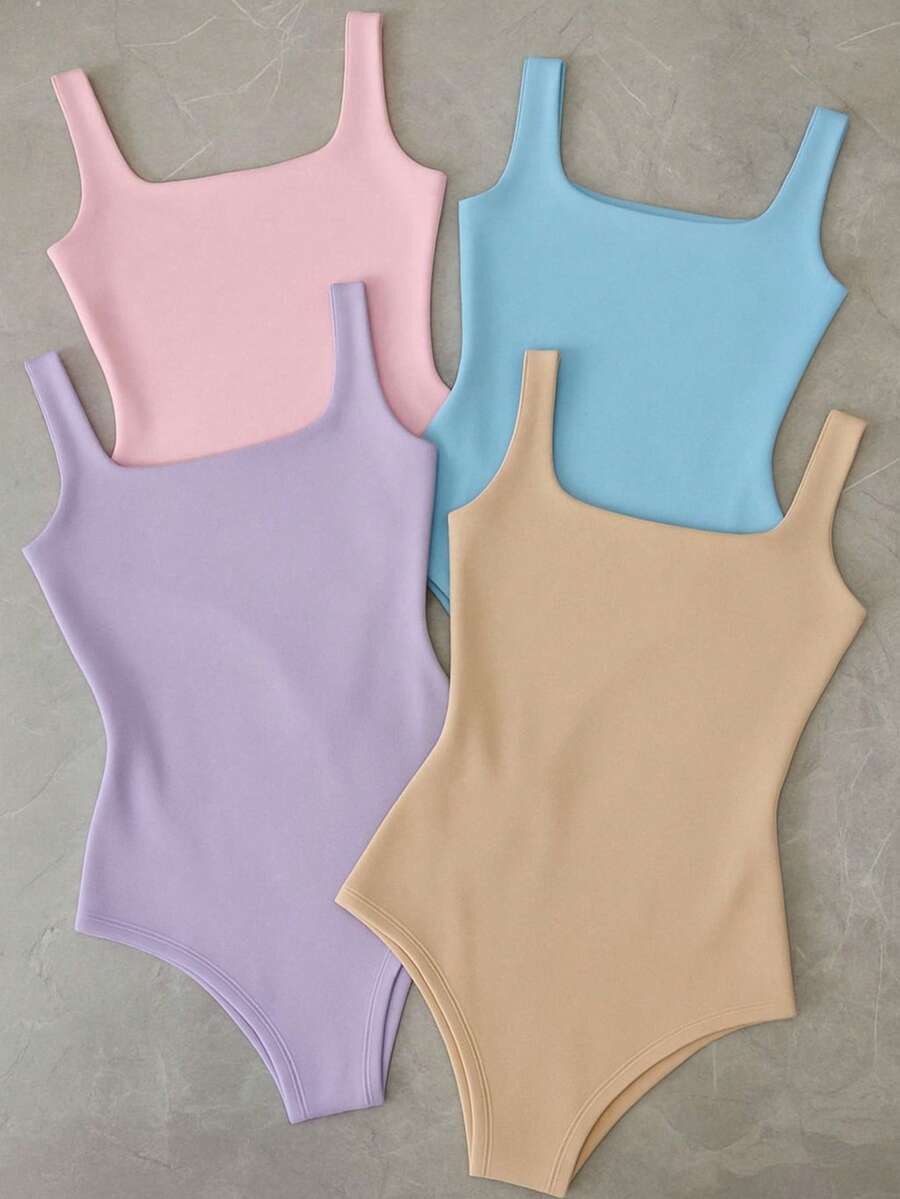 Kit 4 Bory Bodi Leotard Tank Top Thick Strap Casual Second Skin Fashion Women's Female P M G GG - 淡紫色/粉紅色/藍色/黃色 - 查看 1