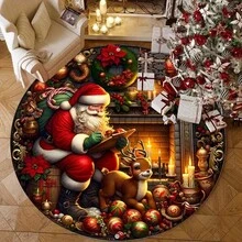 1pc Santa Claus & Reindeer Fireplace Candle Pattern Holiday Christmas Round Decorative Carpet, Soft & Comfortable Rug, Home Decor Carpet, Bedroom Decor, Small Rug, Creative & Fashionable Carpet, Living Room Carpet, Small Living Room Rug, Bedroom Rug, Outdoor Rug, Washable Carpet, Christmas & New Year Holiday Atmosphere Decor Kitchen Rug