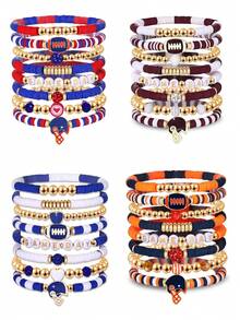 9pcs/Set Stackable Elastic Bracelets For Women, Sports Soft Ceramic & Beaded Soccer Fan Jewelry, Suitable For Daily And Sports Use (Bead And Soft Ceramic Colors Random - No Card Paper)