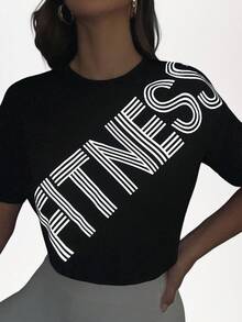 SHEIN Sports Camiseta deportiva ajustada con estampado de letras y teñido anudado - Negro - Ver 5
