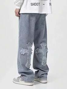 China-Chic High Street Cross Patch Jeans Male Hip Hop Ruffian Shuai Fried Street Straight Tube Loose Leg Pants - Màu xanh lam - Xem 9