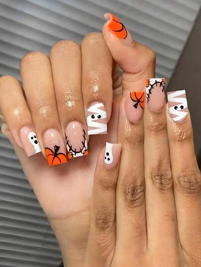 Halloween 24pcs Short Square Grimace, Spider Webs And Pumpkin Pattern Design French Tip Press On Nails Fit Perfectly Design Acrylic False Nails Set, Contain 1pc Jelly Glue And 1pc Nail File, Halloween Nails For Ladies For Daily Wear And Holidays