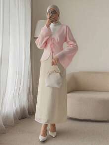 Elegant Waist Cinched Long Sleeve Muslim Women Blouse, Pink - Pink - View 1