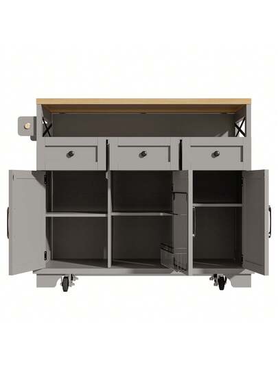 Sairedel Mobile Kitchen Isl Wheels Wood Grain 118x43 80x98 Cm, Grijs Multifunctional Storage Space, Removable Dividers Towel Rack Practical Dining Cart Cabinet view 5