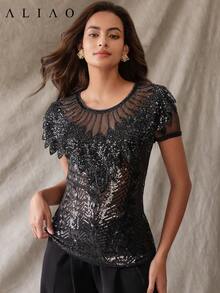 Aliao 优雅亮片复古上衣，适合节日、鸡尾酒会、婚礼宾客、外出、哥特风、派对活动、老钱风格、宫廷风格，吸睛百搭，优雅日常，万圣节休闲风 - 黑色 - 查看 3