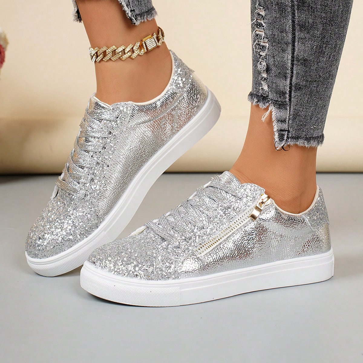 Zapatillas deportivas casuales para mujer, zapatos deportivos cómodos para todas las estaciones. Zapatillas de skate con cordones clásicos y cremall
