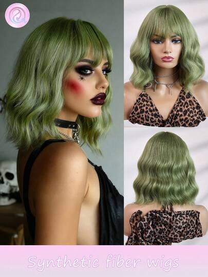 Costumes d'Halloween Perruque verte synthétique de 12 pouces de style carré avec frange pour femmes, à l'aspect naturel, idéale pour usage quotidien, fête, cosplay. Perruque de haute qualité, confortable et résistante à la chaleur, élégante pour les femmes, indispensable pour les vacances