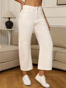 女式白色筒形牛仔裤，100% 纯棉九分牛仔裤，2025 秋冬休闲宽松修身高腰牛仔裤 - 白色 - 查看 7