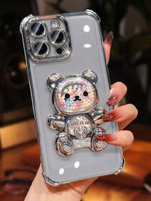 MewTrek 奢华电镀透明银色手机壳，创意可爱小熊支架，饰以闪亮水钻，展现Y2K风格，防震防刮，全新夏季硅胶软壳保护套，兼容 16/16E/15/14/13/12/11/X/XS/XR/8/7 Plus/Pro/Max/Mini，兼容Galaxy S24/S25 Ultra，兼容Redmi，兼容Honor，兼容OPPO Reno，兼容MOTO，兼容Infinix Women 2025，国际版，非国内版 - 銀色 - 查看 4