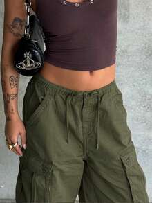 Women Y2k Drawstring Cargo Shorts Baggy Denim Shorts Summer Fashionable Wide Leg Knee Length Jean Shorts With Pocket Streetwear - xanh quân đội - Xem 6