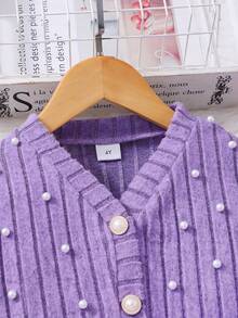 2pcs/Set Young Girl' Ruched Mesh Slip Dress & Beaded Knit Cardigan Outfit, Sweet & Cute, Autumn/Winter - Purple - View 3