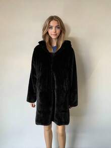 Women's Winter Coats Elegant Women's Black Faux Fur Long Sleeve Midi Coat Featuring A Hood, And Pockets Suitable For Christmas, New Year - Black - View 7