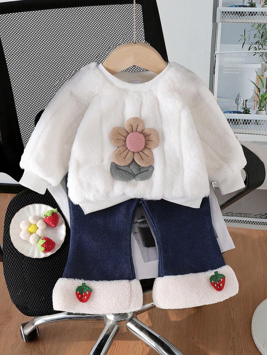 Conjunto de 2 peças de blusa de manga comprida com estampa floral 3D e calça jeans de morango 3D para bebês meninas, outono/inverno - Bege - Ver 1