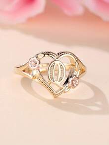 Tsnamer 1枚精美立方氧化锆金色字母心形戒指，26个字母A-Z可定制姓名花朵图案，可调节开口手镯式戒指，适合女性和女孩日常佩戴，生日珠宝礼物 - 金黃色花朵 - 查看 36