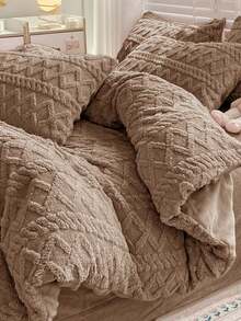 3 件套灰褐色天鹅绒毛绒床上用品套装（1 个羽绒被套 + 2 个枕套），柔软舒适，适用于卧室、客房 - 咖啡棕 - 查看 2