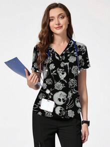 cimmuovere Women's Scrubs V-Neck Short Sleeve Skull Print Scrubs Nurse Scrubs Workwear Dentist Healthcare Pet Hospital Laboratory Top, Halloween Clothes Black Spring - Black - View 3