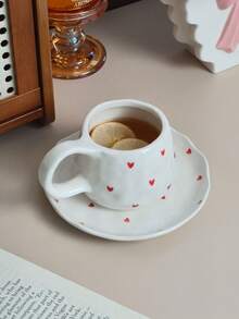 1 zestaw ceramicznych filiżanek do kawy w kształcie serca ze spodkiem, minimalistyczny ceramiczny kubek i talerzyk, ceramiczny kubek, filiżanka do popołudniowej herbaty, talerzyk na przekąski, domowy kubek na wodę, kubek prezentowy, odpowiedni na każdą porę roku