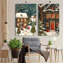 1/2 Pieces Frame Canvas Painting, Christmas Tree, Christmas Eve Courtyard, House Decoration Bedroom Living Room, Suitable For Decorating Cafes, Offices, Bathrooms, Restaurants, Dormitories For Christmas And Valentine's Day
