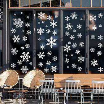 144pcs/8 Sheets Christmas Snowflake Window Clings, White Snowflake Glass Stickers, Christmas Fridge Decals, Double-Sided Window Decor, Home Office Party Supplies