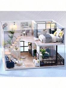 1件2026新款迷你公寓屋，带防尘罩，房间卧室装饰，含家具，DIY手工组装模型，木制工艺3D拼图玩具，生日/圣诞礼物 - 款式随机 - 彩色 - 查看 3