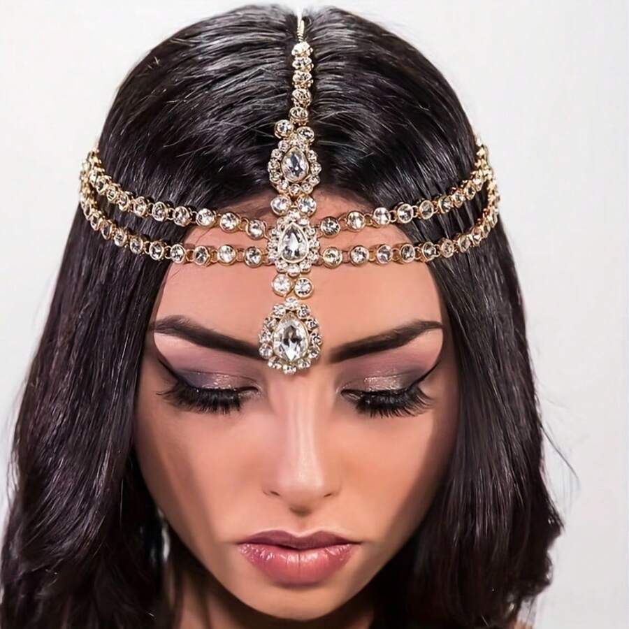 水钻多层水滴额链发箍发饰，女士水晶镂空发链头饰，准新娘、派对、女士发饰 - 圓形金 - 查看 1