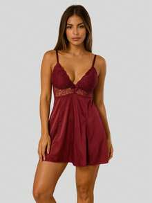 Women's Sensual Nightgown With Bow And Lace Details + Microfiber Robe With Lace PAULA. - Màu Đỏ Sâu - Xem 4