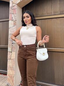 Mon Jeans Pants Without Lycra Women's High Waist Pants Feminine Fashion - 棕色 - 查看 5
