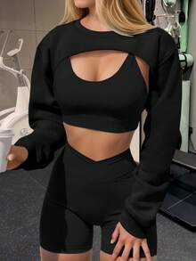 Womens Cropped Sweatshirt Shrug Long Sleeve Workout Gym Cover Up Bolero Y2K Super Crop Tops - 黑色 - 查看 1