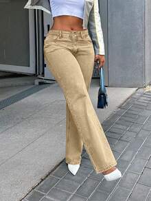 Celana Jeans Wanita Model Lurus yang Populer, Kasual, dan Serbaguna untuk Semua Gaya - Khaki - View 4